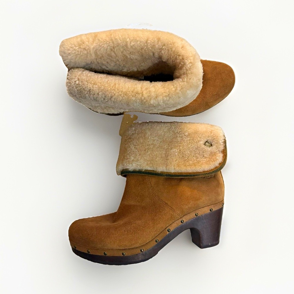 UGG Lynnes Fold Over Brown Leather Suede Shearling Pull On Bootie Women's US 8